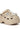 The AZALEA WANG DAVIES BEIGE EMBELLISHED FLAT is a beige platform clog featuring rhinestone accents, faux pearls, a silver flower, metallic chain, and a white fuzzy accessory, shown against a white background.