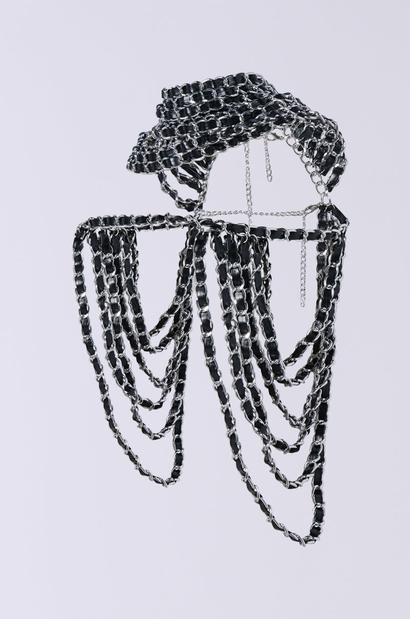The KYKY Statement Necklace, an ornate masterpiece with metallic silver chains, showcases multiple draping strands that create an elegant and layered look against a plain white background. 3