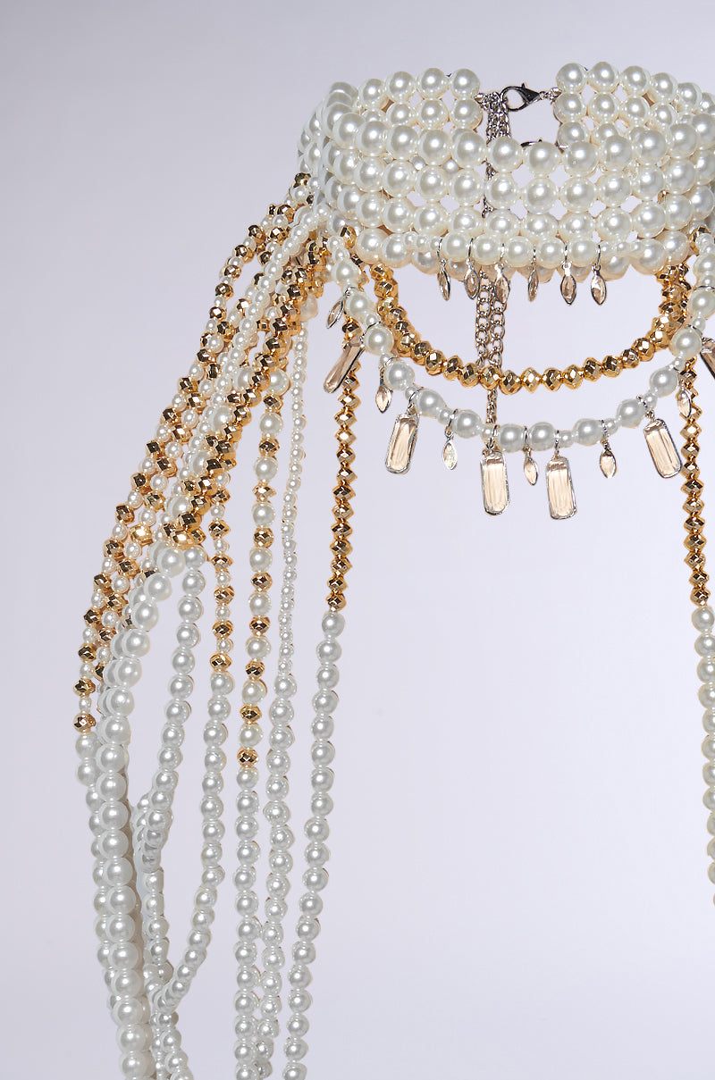 The OUT OF YOUR LEAGUE NECKLACE showcases a close-up of intricately arranged strings of white pearls, gold beads, and dangling clear crystal ornaments with exquisite gold embellishments, cascading elegantly to create a luxurious look against a plain background.