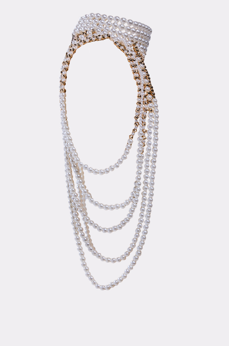 The OUT OF YOUR LEAGUE NECKLACE is a multi-layered choker with several strands of white pearls and gold chain links, featuring a thick pearl choker on top and cascading pearl strands, displayed against a plain light background.