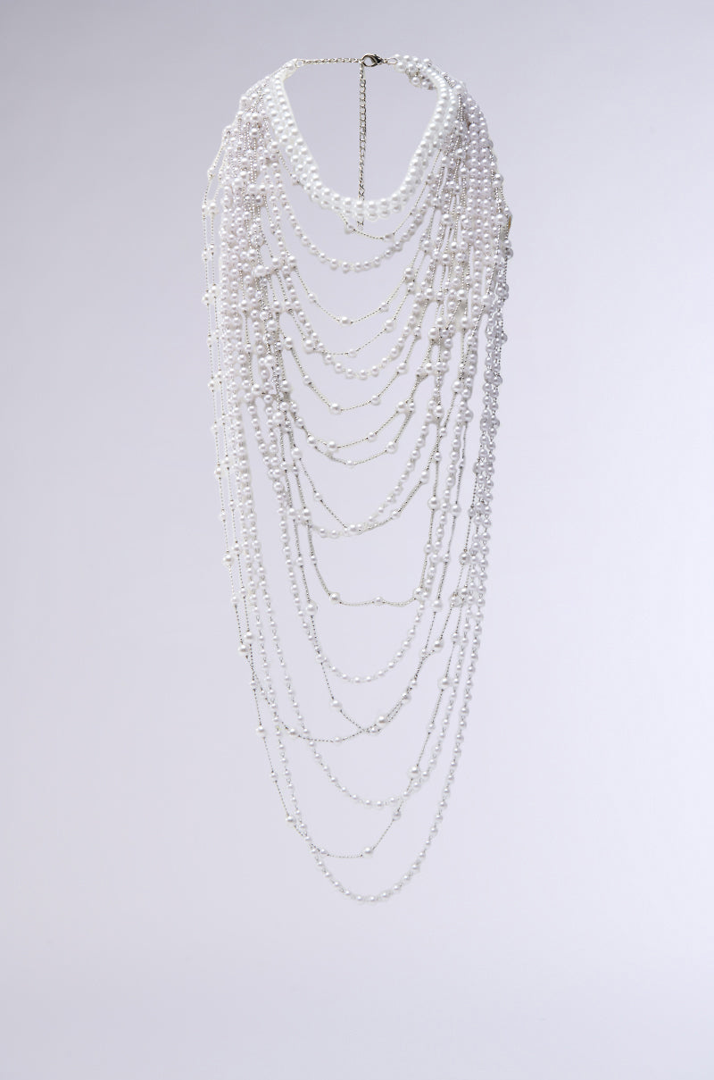 The IM TOO PRETTY NECKLACE is a multi-layered choker featuring cascading strands of white faux pearls in varying sizes, displayed against a light gray background. 1