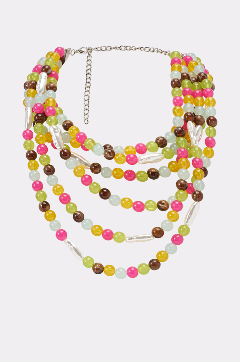 The IN YOUR DREAMS CHOKER is a layered statement necklace with round pink, yellow, green, brown, and light blue beads, accented by elongated white beads and finished with a silver chain clasp. 1