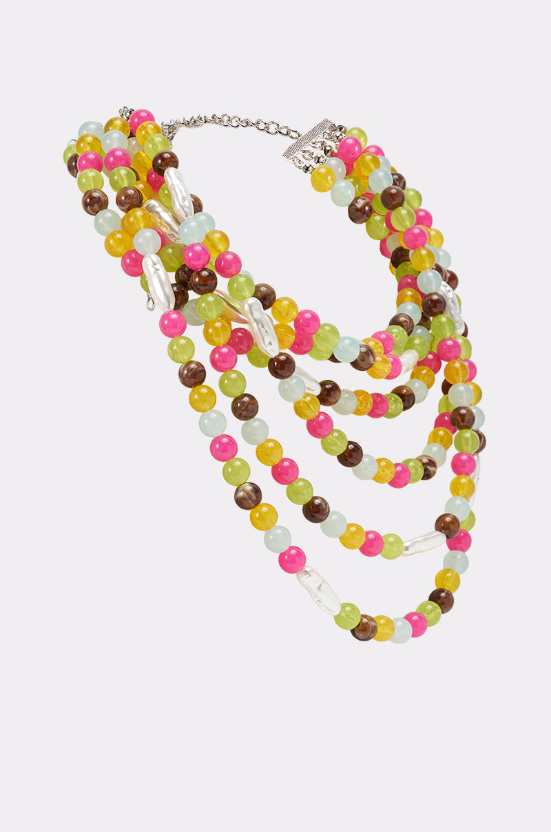 The IN YOUR DREAMS CHOKER is a multi-strand collar necklace with round pink, yellow, green, brown, and clear beads on a silver chain and clasp, shown against a light background. 2