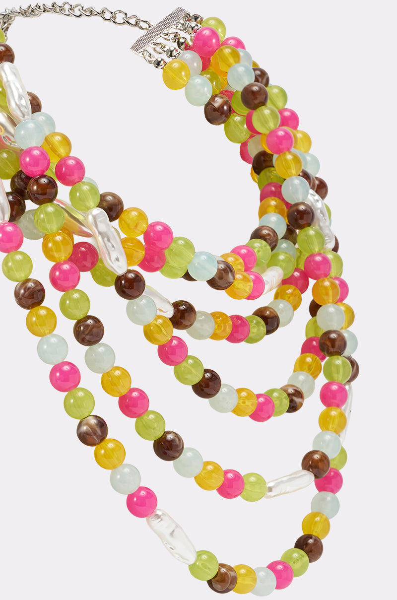 The IN YOUR DREAMS CHOKER is a vibrant multi-strand necklace with pink, yellow, green, brown, and light blue round beads, accented by elongated clear beads and finished with a silver clasp. 3