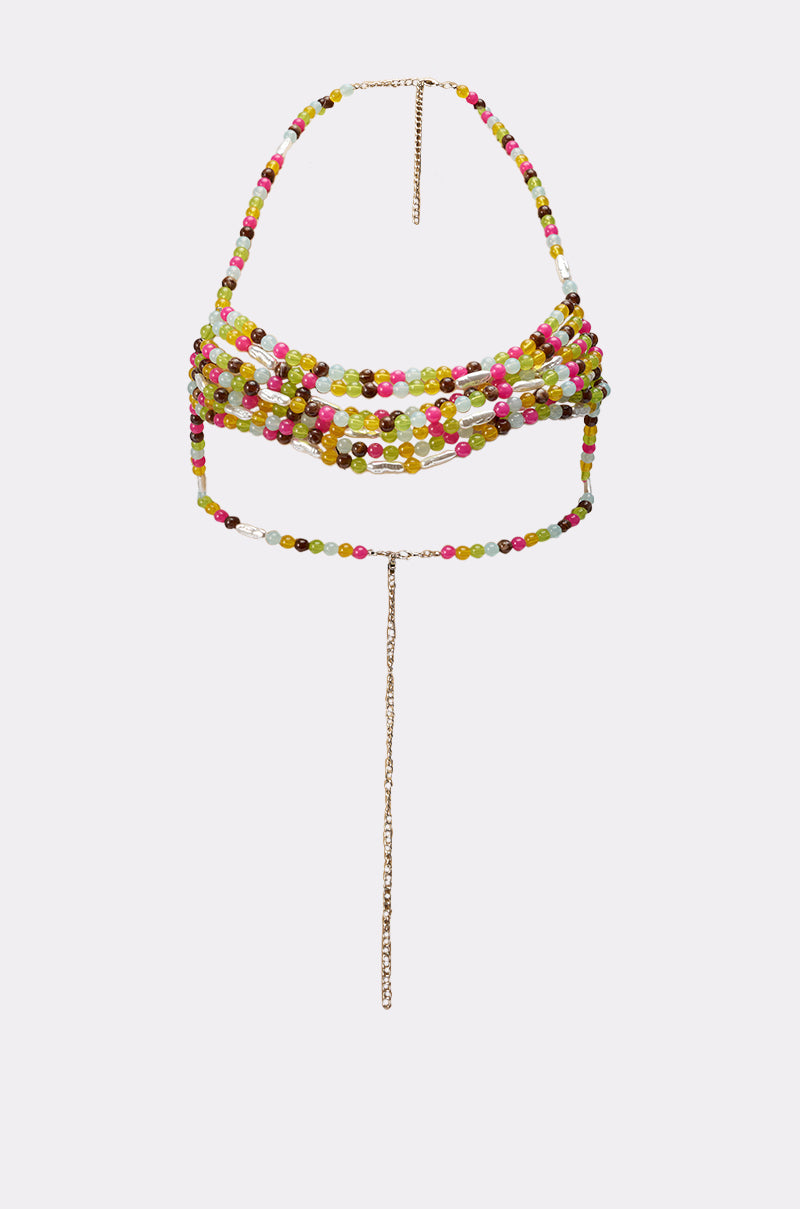 The IN YOUR DREAMS BODY CHAIN is a vibrant beaded bralette with multicolor strands and gold chain straps, featuring a vertical gold chain detail—ideal as a standout festival accessory or statement body jewelry. 2