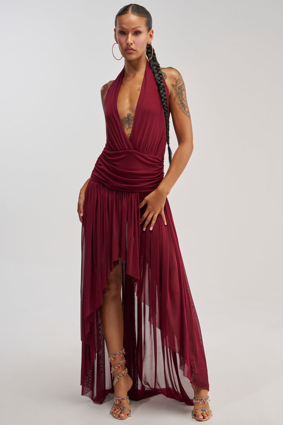 LIKE MY STYLE HIGH LOW MIDI DRESS IN BURGUNDY – AKIRA