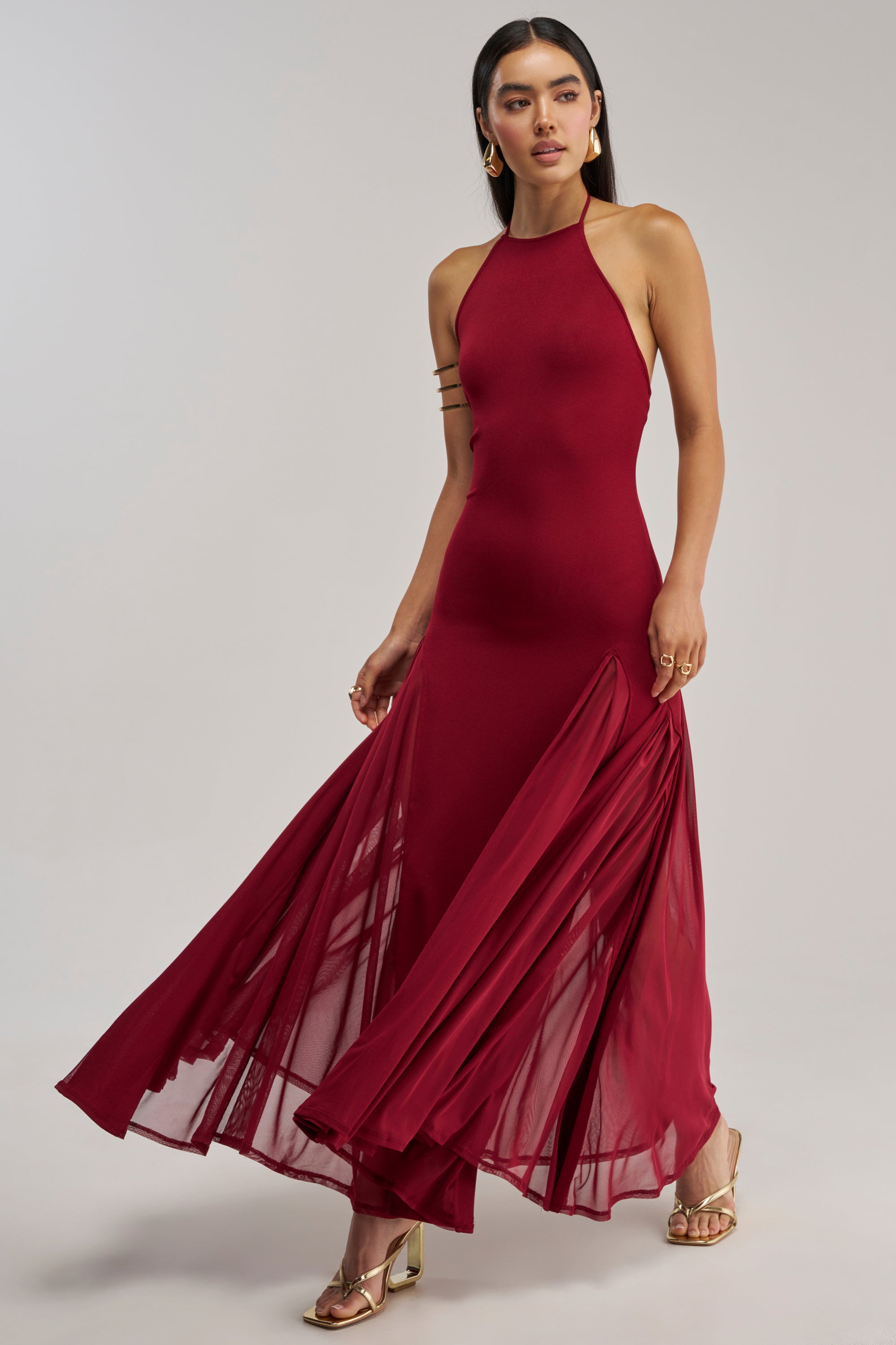 dark red halter dress Mesh Maxi Gown, Cut Out Size Options:Standard Size Black Leather Brogue Cap The self Console
