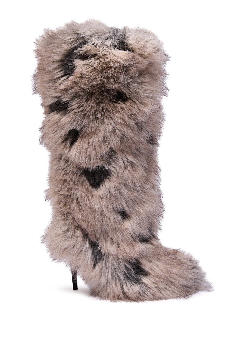 The AZALEA WANG DEBBY GREY MULTI FUR STILETTO BOOTIE is a knee-high, pointed toe boot covered in fluffy grey faux fur with black spots for a bold and unique look.