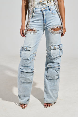 【DEARMINE】Eyelet Cargo Denim Pants DEN1277LIGHT-BLUE-