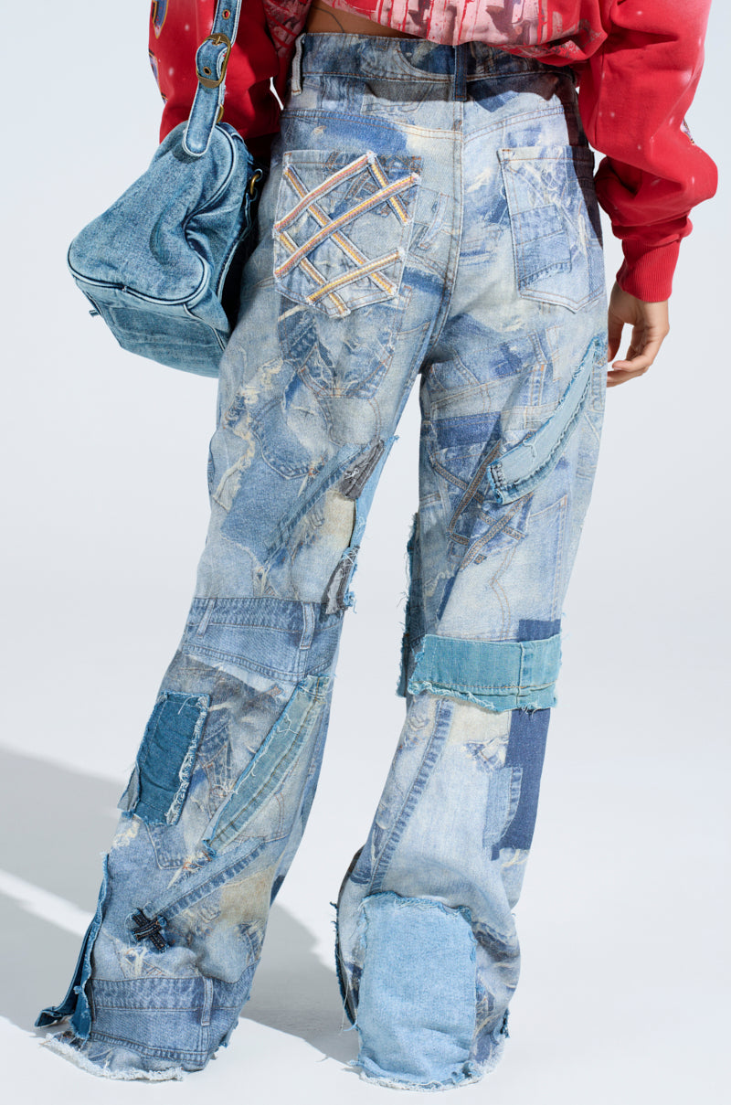 Wearing DENIM ON DENIM PATCHWORK JEANS with a high-rise wide-leg style, they showcase light and dark blue patches, frayed edges, and distressed details. They complement this with a matching blue denim bag and red long-sleeve top.