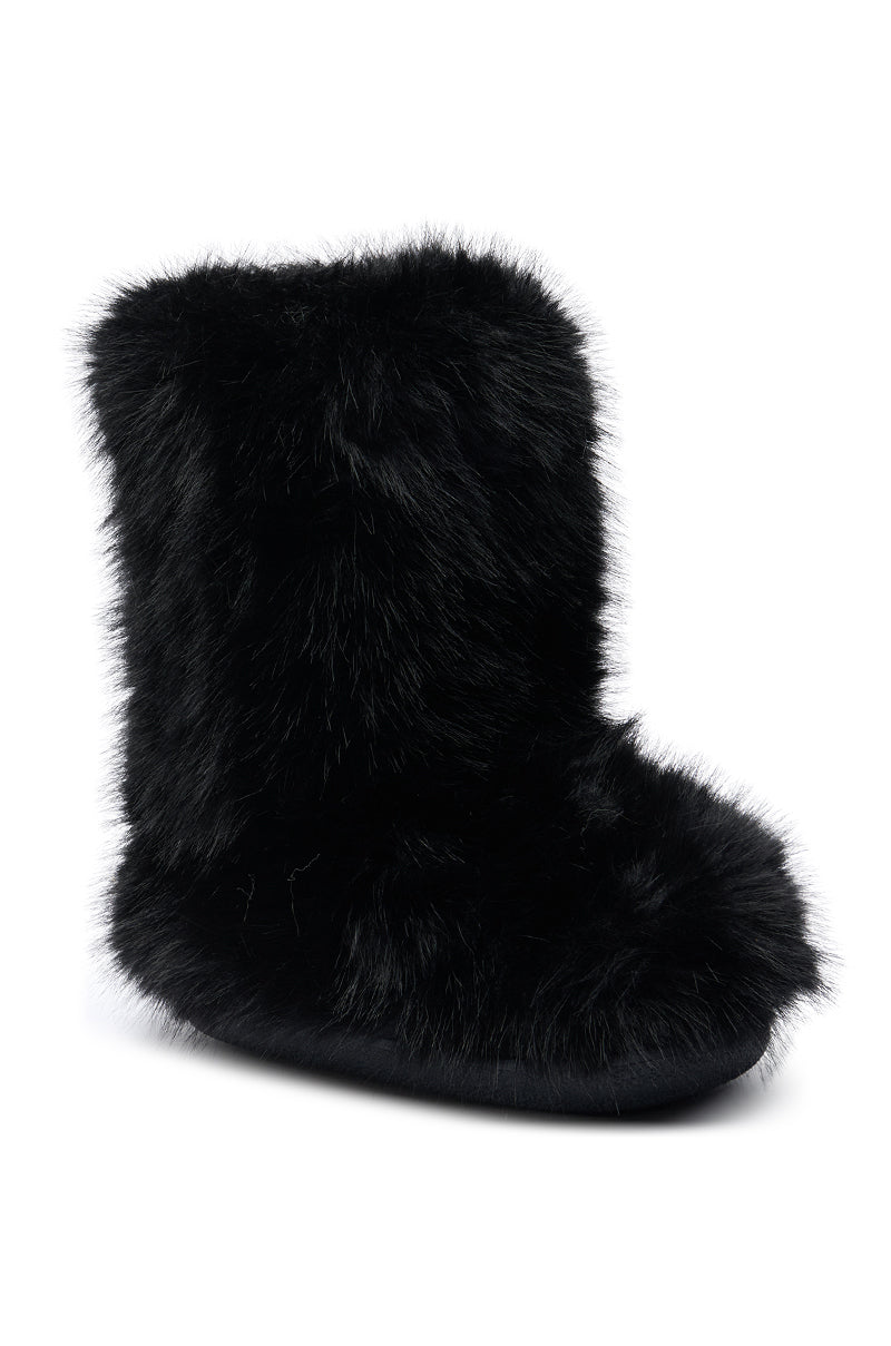 The AZALEA WANG DIPA BLACK FUR FLAT BOOTIE is shown in black faux fur with a soft, fluffy texture against a white background.