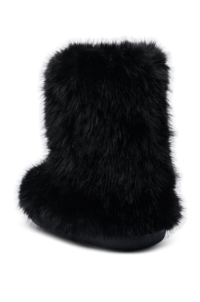 The AZALEA WANG DIPA BLACK FUR FLAT BOOTIE features thick, black faux fur for a cozy, stylish look and all-day warmth—shown here as a single bootie on a white background.