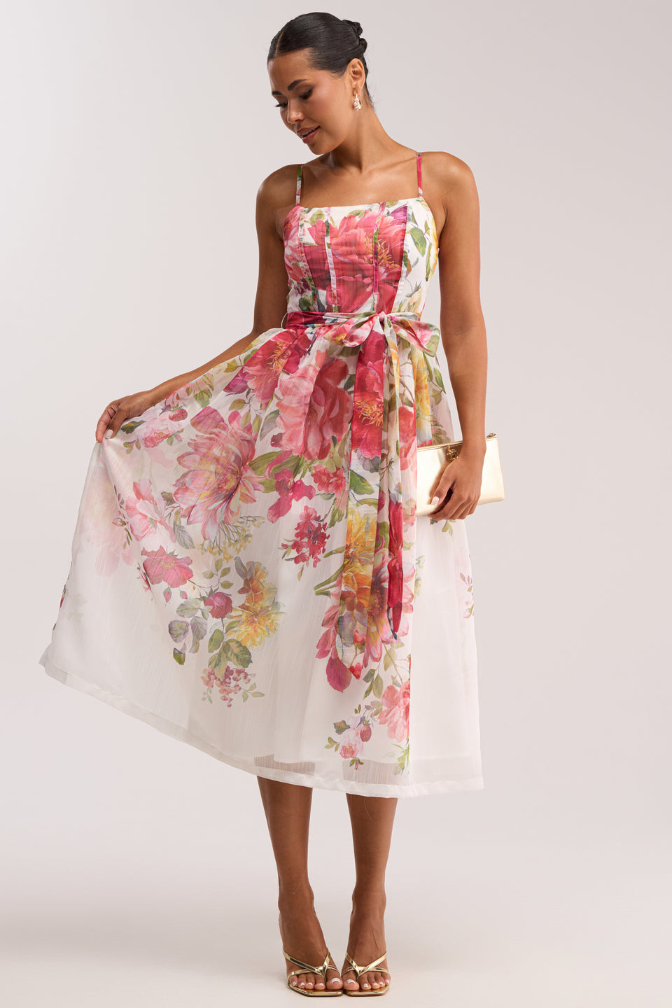 multi floral party dress Strapless Wildflower Midi Dress - Chic 3D Floral Cocktail Attire or Wedding Guest Dress
