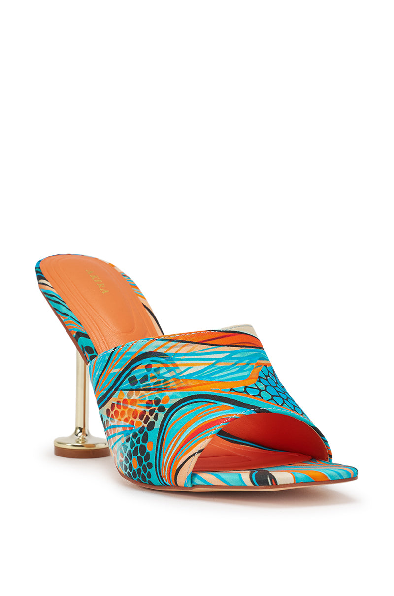 The AKIRA DOMNINA BLUE MULTI STILETTO PRINT SANDAL is a stylish slip-on mule with a vibrant blue, orange, and teal pattern, open toe, unique gold metallic heel, and comfort cushion insole for effortless elegance. 4
