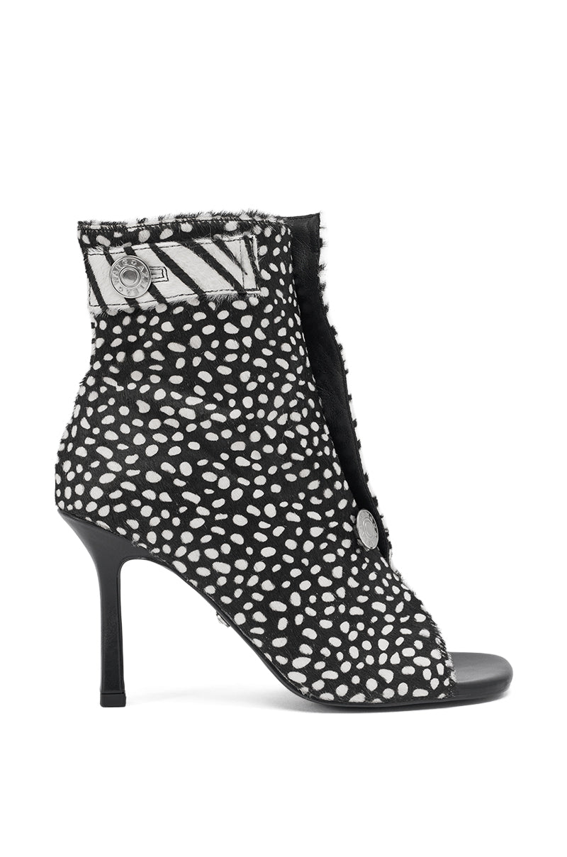 The AZALEA WANG DOROTHY BLACK CHEETAH CALF HAIR PRINTED STILETTO BOOTIE features a high heel, peep toe, front buttons, striped trim at the top, and a textured calf hair finish with a chic black cheetah print design.