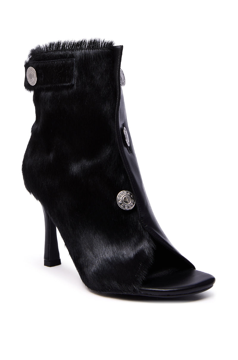 The AZALEA WANG DORTHANDRA Black Pony Hair Paneled Open Toe Bootie features faux fur texture, stiletto heel, silver decorative buttons, and a partial front flap design. 5