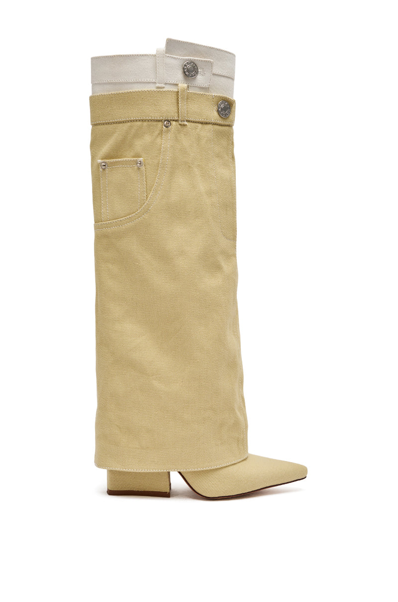 The AZALEA WANG DOUBLE FLY BEIGE CHUNKY BOOT is a knee-high denim boot styled like beige jeans, featuring pockets, belt loops, top buttons, a pointed toe, and a sturdy block heel. 3