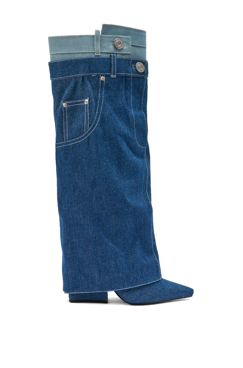 The AZALEA WANG DOUBLE FLY DENIM CHUNKY BOOT is a knee-high, blue denim-look boot with pockets, belt loops, and buttons. It features a square toe, block heel, and visible stitching for a bold statement style.