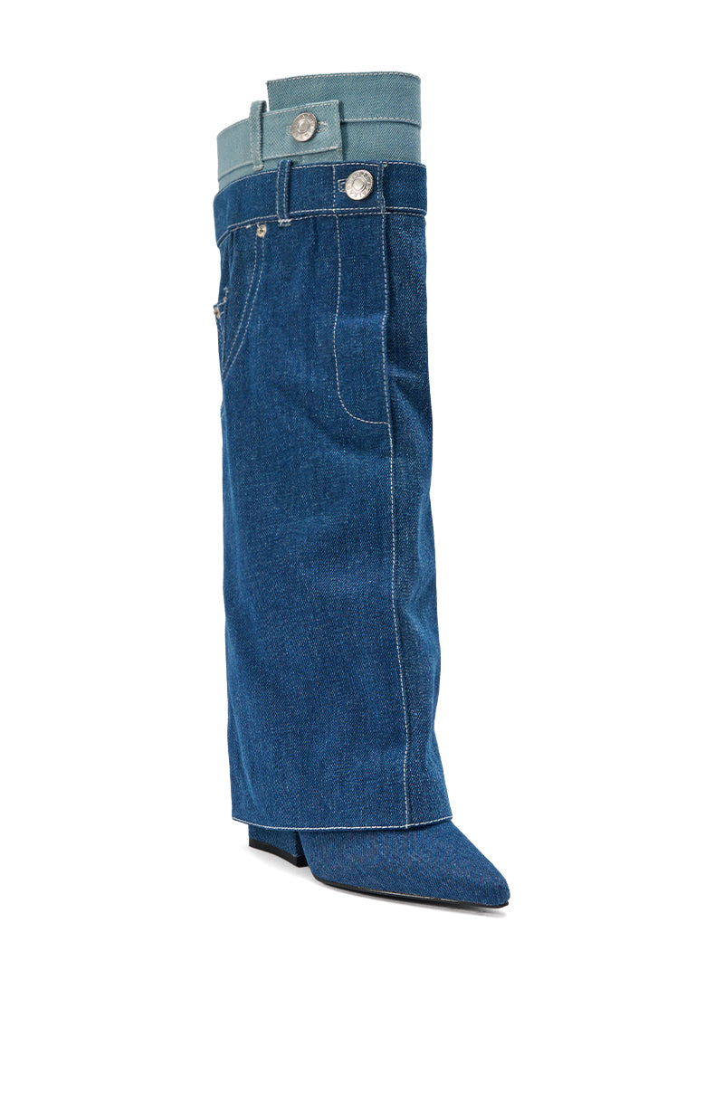 The AZALEA WANG DOUBLE FLY DENIM CHUNKY BOOT is a knee-high, blue denim boot featuring pockets, belt loops, button details, and a stylish block heel for added comfort and trendiness.