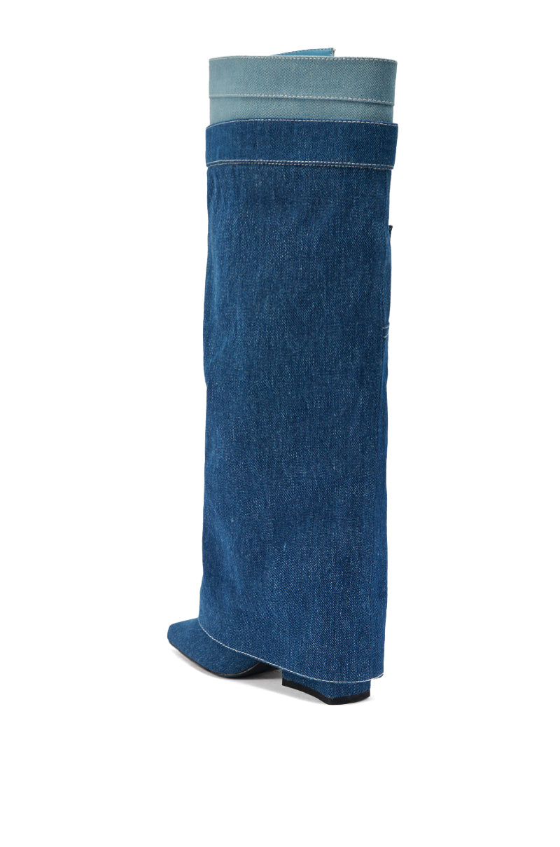 The AZALEA WANG DOUBLE FLY DENIM CHUNKY BOOT is a single blue knee-high boot with a wide, straight shaft, light blue cuff at the top, pointed toe, and low block heel.