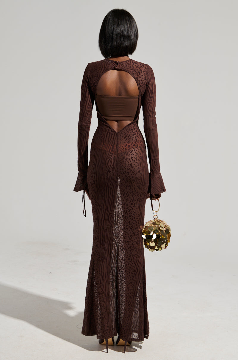 MY GOOD SIDE LEOPARD MESH MAXI DRESS IN BROWN AKIRA MY GOOD SIDE LEOPARD MESH MAXI DRESS IN BROWN AKIRA