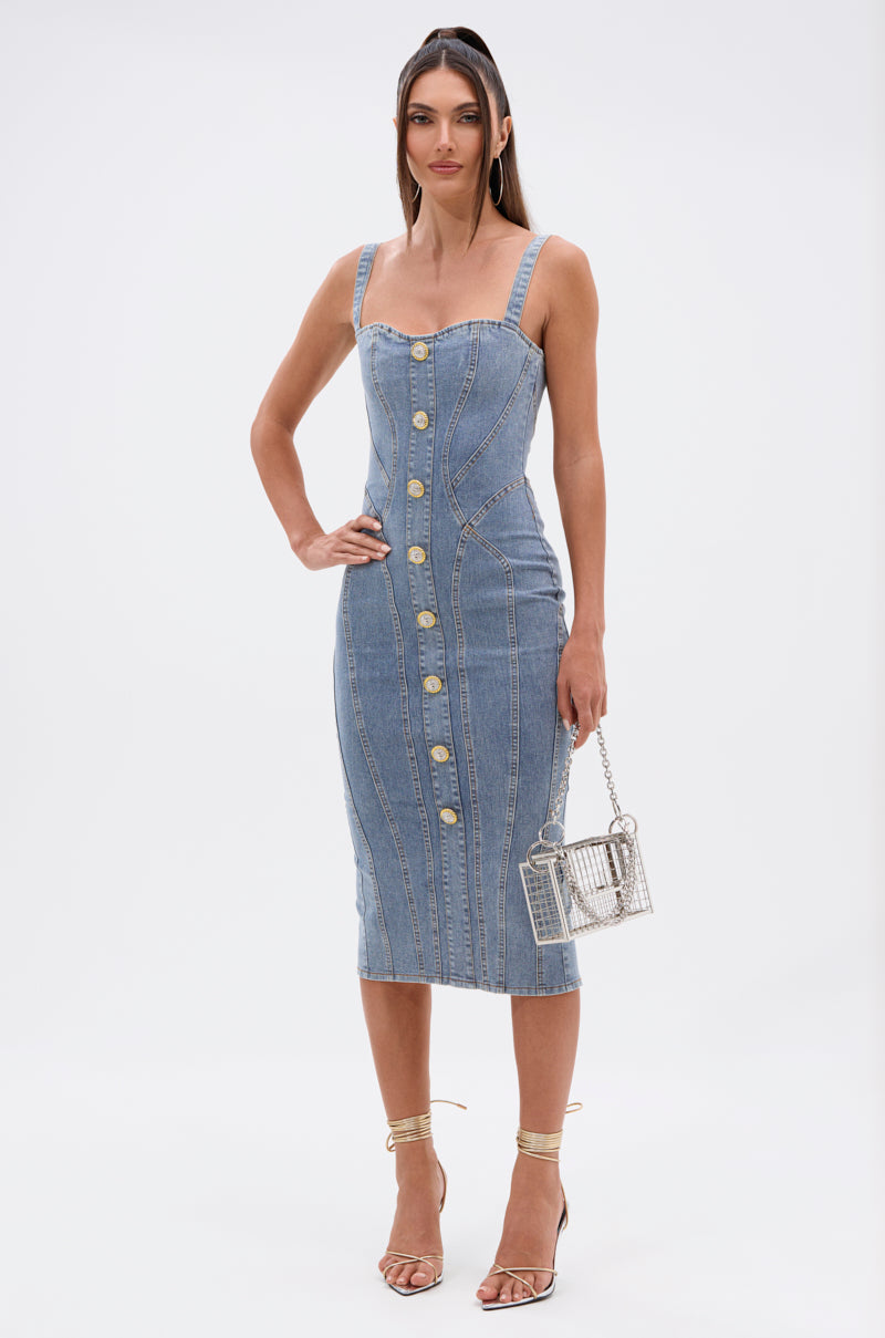 AMRATA DENIM MIDI DRESS WITH GOLD BUTTONS AKIRA AMRATA DENIM MIDI DRESS WITH GOLD BUTTONS AKIRA