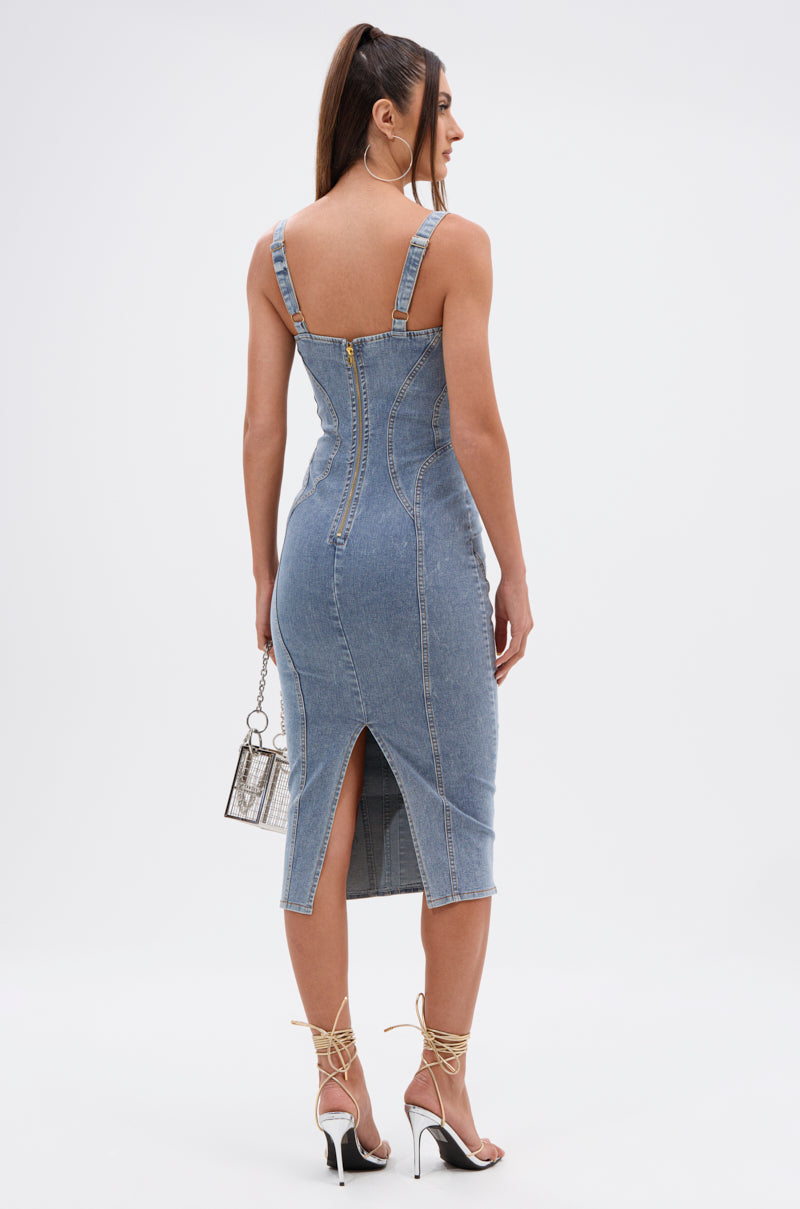 AMRATA DENIM MIDI DRESS WITH GOLD BUTTONS – AKIRA
