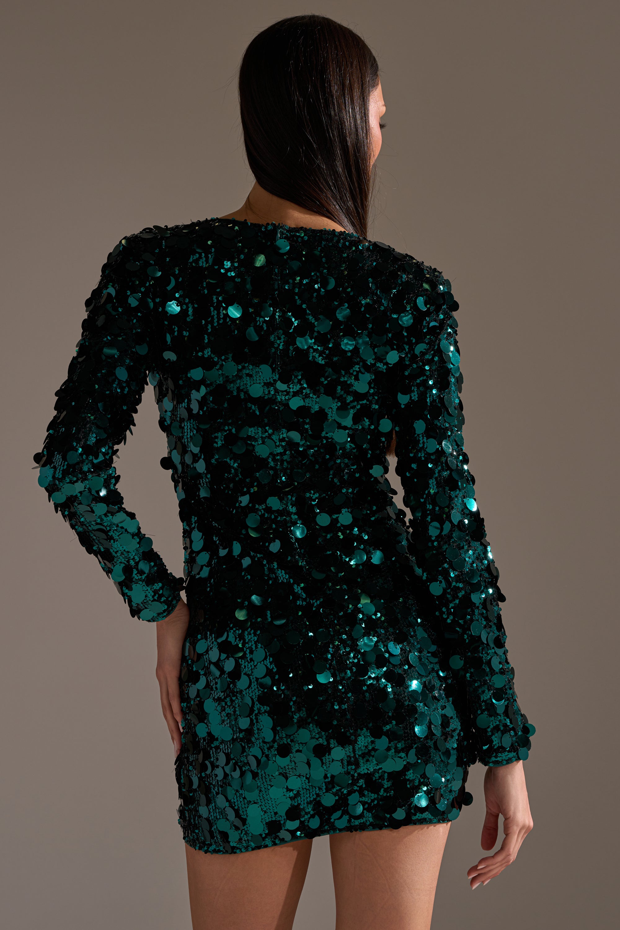 A person with long dark hair faces away, wearing the DANCING QUEEN SEQUIN MINI DRESS—an eye-catching green and black sequin mini. The background is plain and neutral.
