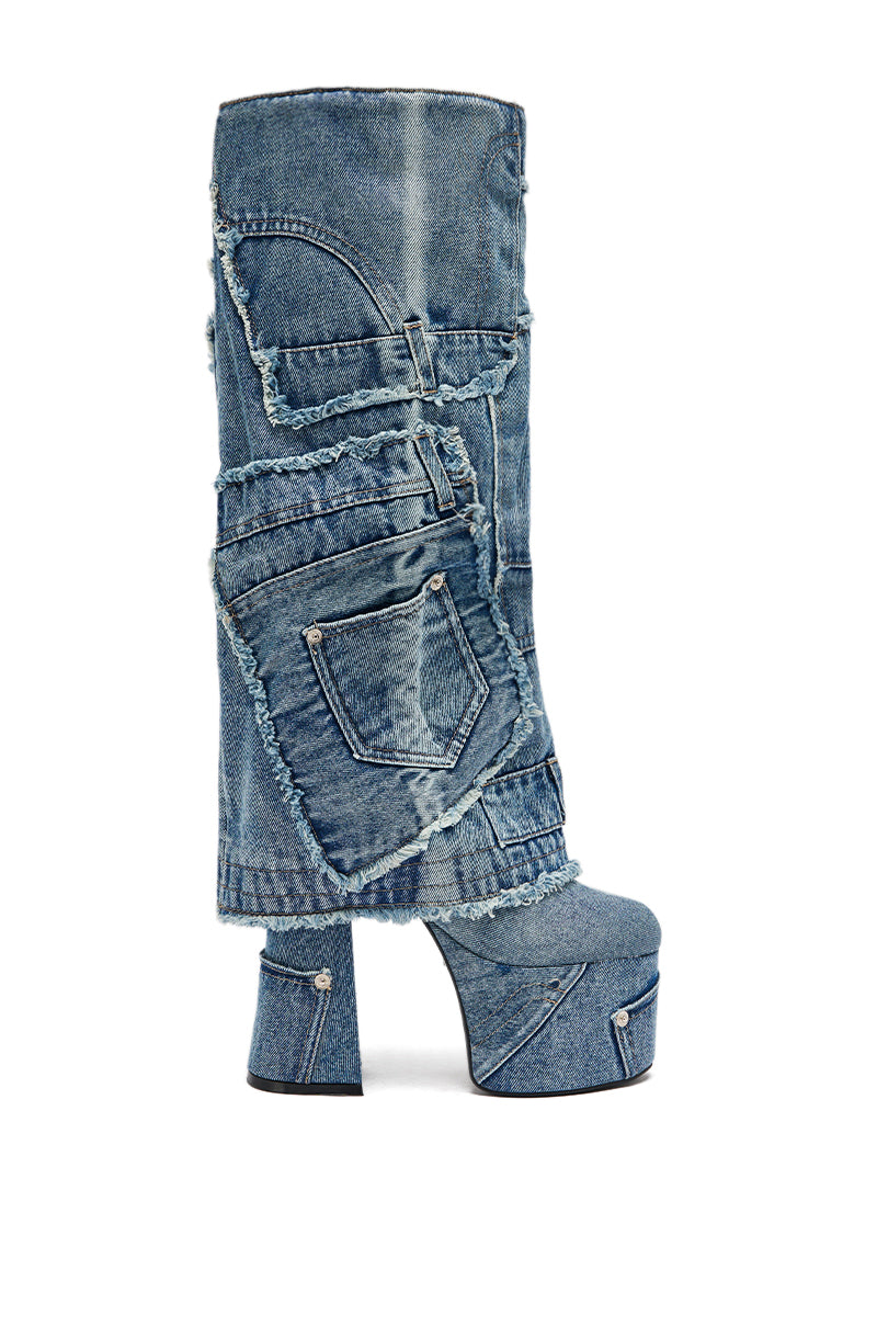 The AZALEA WANG DUMI DENIM CHUNKY PATCHWORK BOOT is a tall, knee-high boot crafted from denim with patchwork, multiple pockets, frayed seams, and a chunky high heel for a bold blue-jean-inspired look. 5