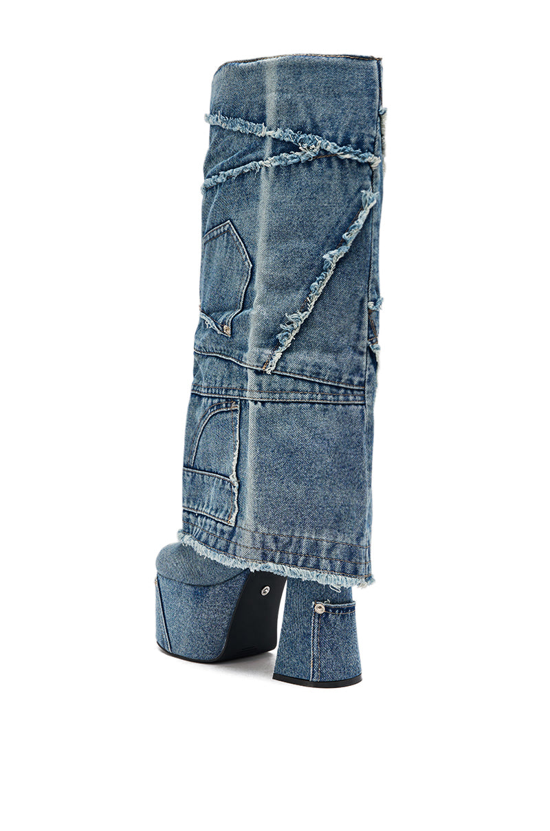 The AZALEA WANG DUMI DENIM CHUNKY PATCHWORK BOOT is a knee-high boot in blue denim with frayed seams and visible pockets, offering a bold, fashion-forward take on classic distressed jeans style. 7
