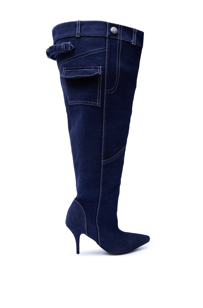 The AZALEA WANG DUSTAN DENIM THIGH STILETTO BOOT is a thigh-high, dark-wash denim stiletto boot with white stitching, a small pocket, and belt loop details for a chic jean-inspired look.