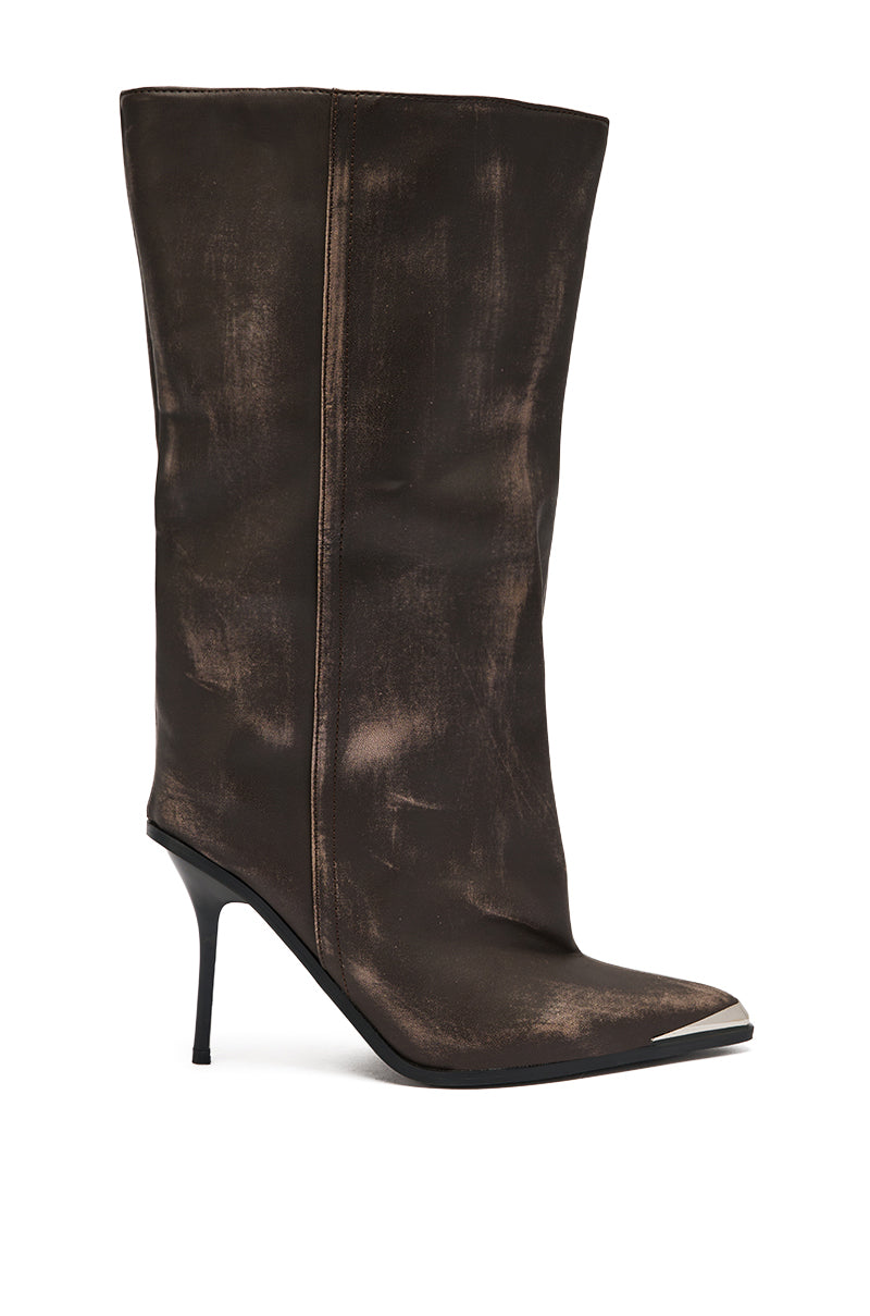 The AZALEA WANG DUSTY BROWN WEATHERED PU BOOT is a high-heeled, knee-high boot with a pointed toe, metallic toe detail, and distressed dark brown faux leather, shown on a white background.