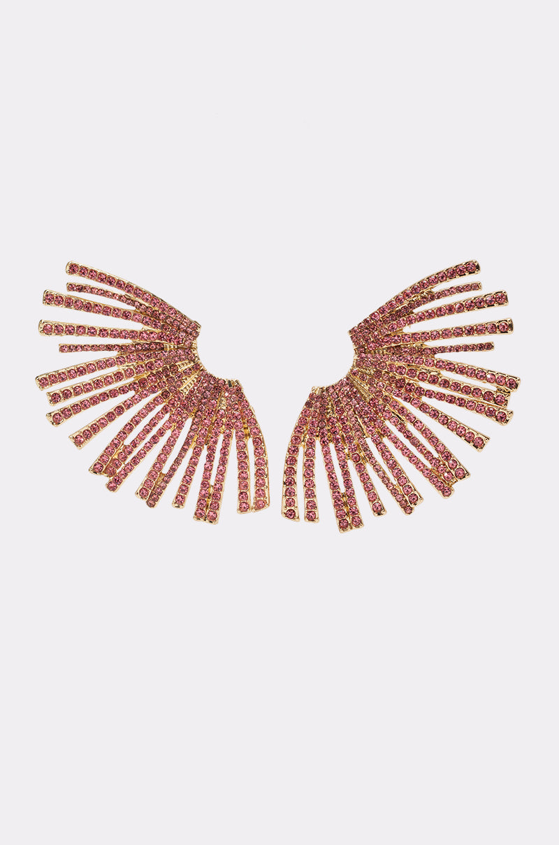 A pair of PRETTY & PAID SPARKLE EARRINGS IN PINK, each featuring radiant rectangular segments arranged in a semi-circular fan design with pink rhinestones on a white background.
