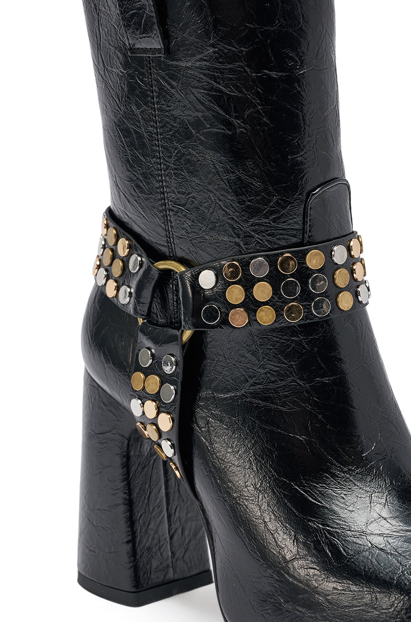 Close-up of the AZALEA WANG MID CALF PU LEATHER CHUNKY BOOTIE in black with a textured faux leather finish, chunky heel, and an ankle strap adorned with gold and silver round studs.