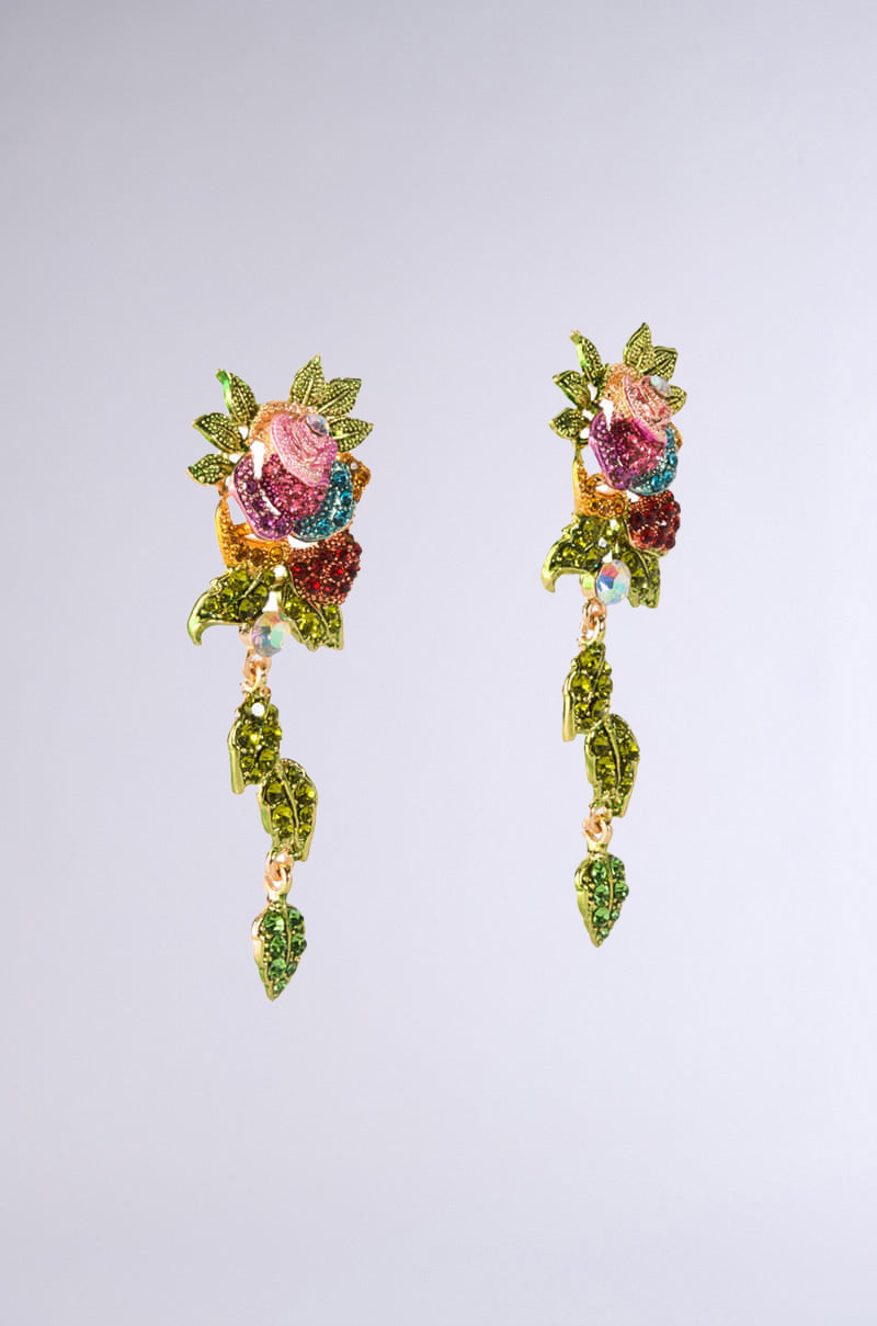 Presenting the SUMMER GARDEN DANGLE EARRING: elegant earrings with colorful roses and rhinestone leaves on a light gray base. Made from faux gold metal, these intricate pieces feature dangling leaf elements for extra charm. 4