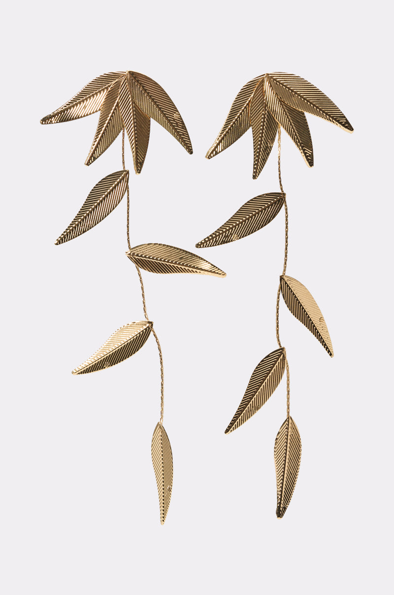 The IN THE WIND EARRING features gold-tone cascading leaves connected by delicate chains, each leaf adorned with intricate textured lines. 2