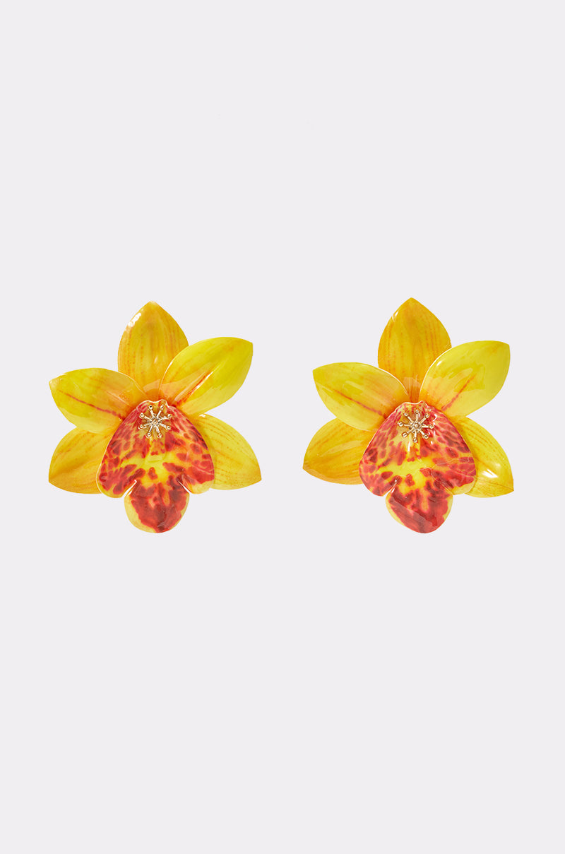 Introducing the YELLOW FLOWER STUD EARRING: vibrant earrings inspired by yellow and orange orchids with red speckles, designed to evoke the beauty of tropical blooms. Resort-ready and perfect for adding a touch of summer flair to your jewelry collection, each piece stands out as a bold statement on a plain white background.