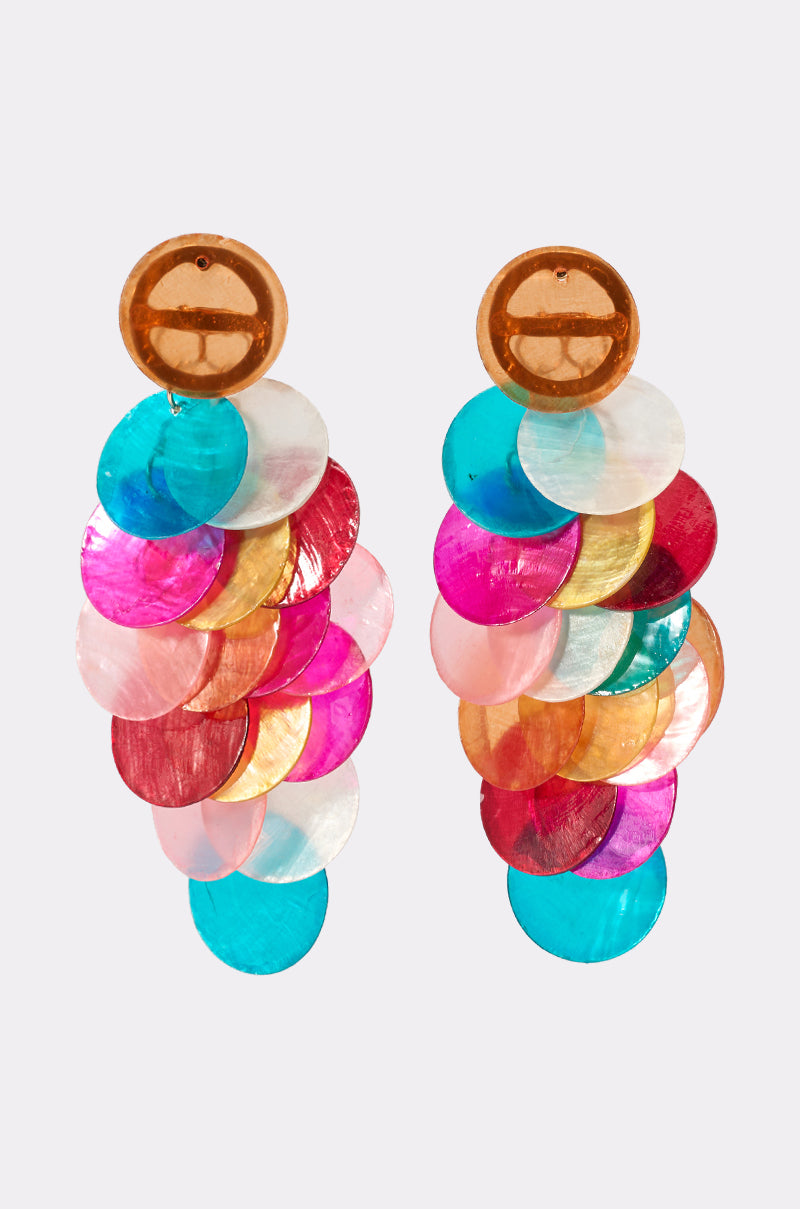 Make a statement with the IM THE PARTY EARRING—rainbow drop earrings featuring layered pink, blue, gold, orange, and white discs on a brown stud. With their shiny iridescent finish and playful design, they’re perfect party jewelry. 0