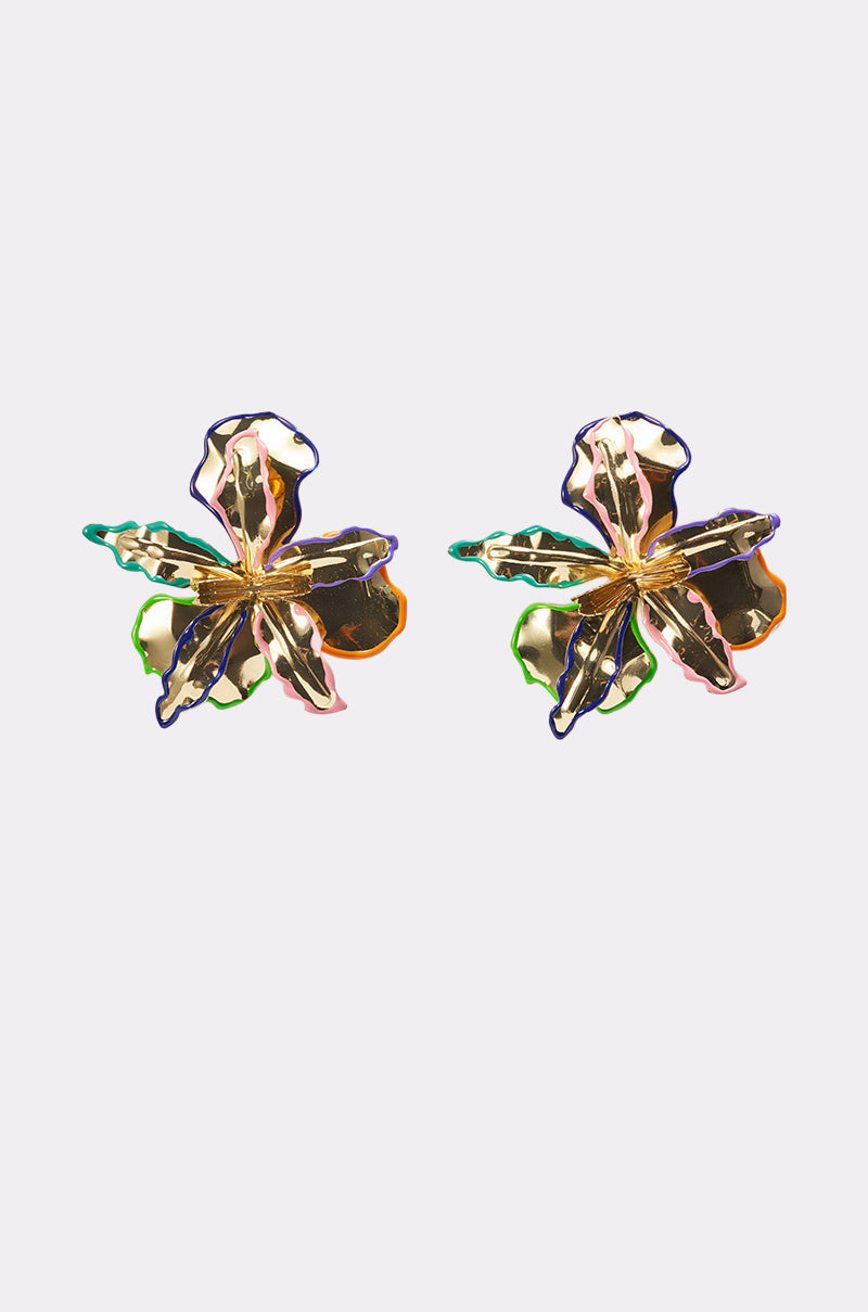 The FLY ME OUT EARRING features gold accents and vibrant multicolor floral designs, adding a bold, lively touch to any outfit. 3