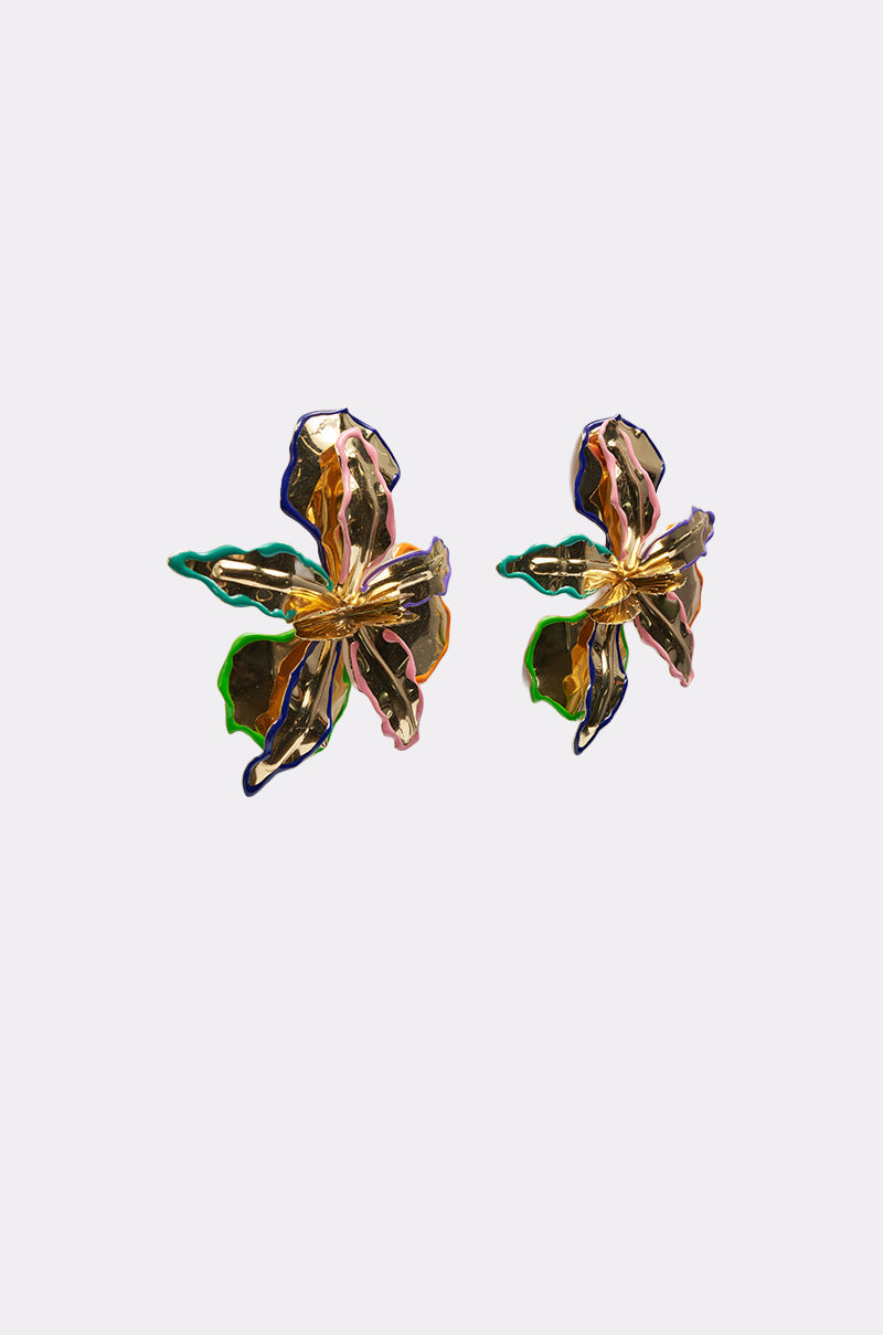The FLY ME OUT EARRING features gold flower shapes with a textured, metallic finish—perfect statement earrings beautifully displayed on a plain white background. 4