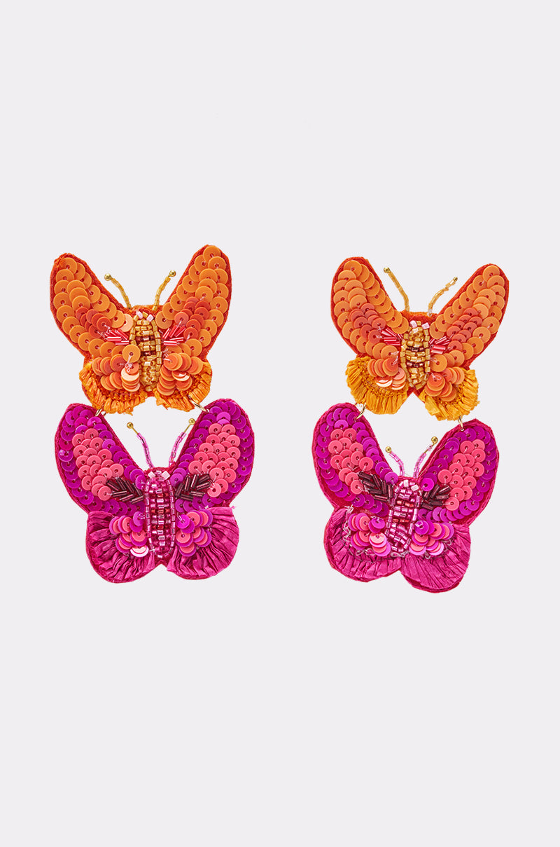 The SUMMER LOVIN BUTTERFLY EARRING set features four embroidered butterfly earrings—two orange, two pink—with intricate bead and sequin details, perfect for boho-chic summer accessories.