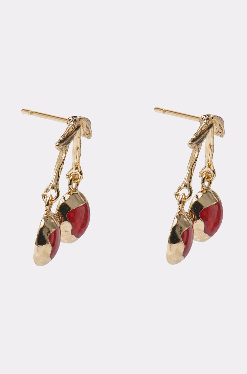 The POP MINE EARRING features gold-tone cherry shapes with red enamel accents, dangling from delicate gold stems and displayed on a plain white background. 2