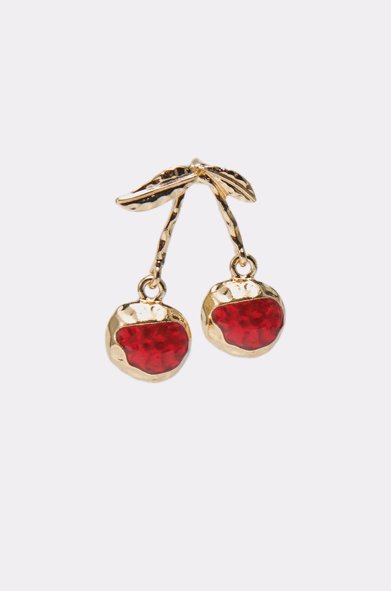 The POP MINE EARRING features a gold-toned cherry design with red stones and leafy accents, ideal for fans of jeweled accessories. Shown on a white background. 3