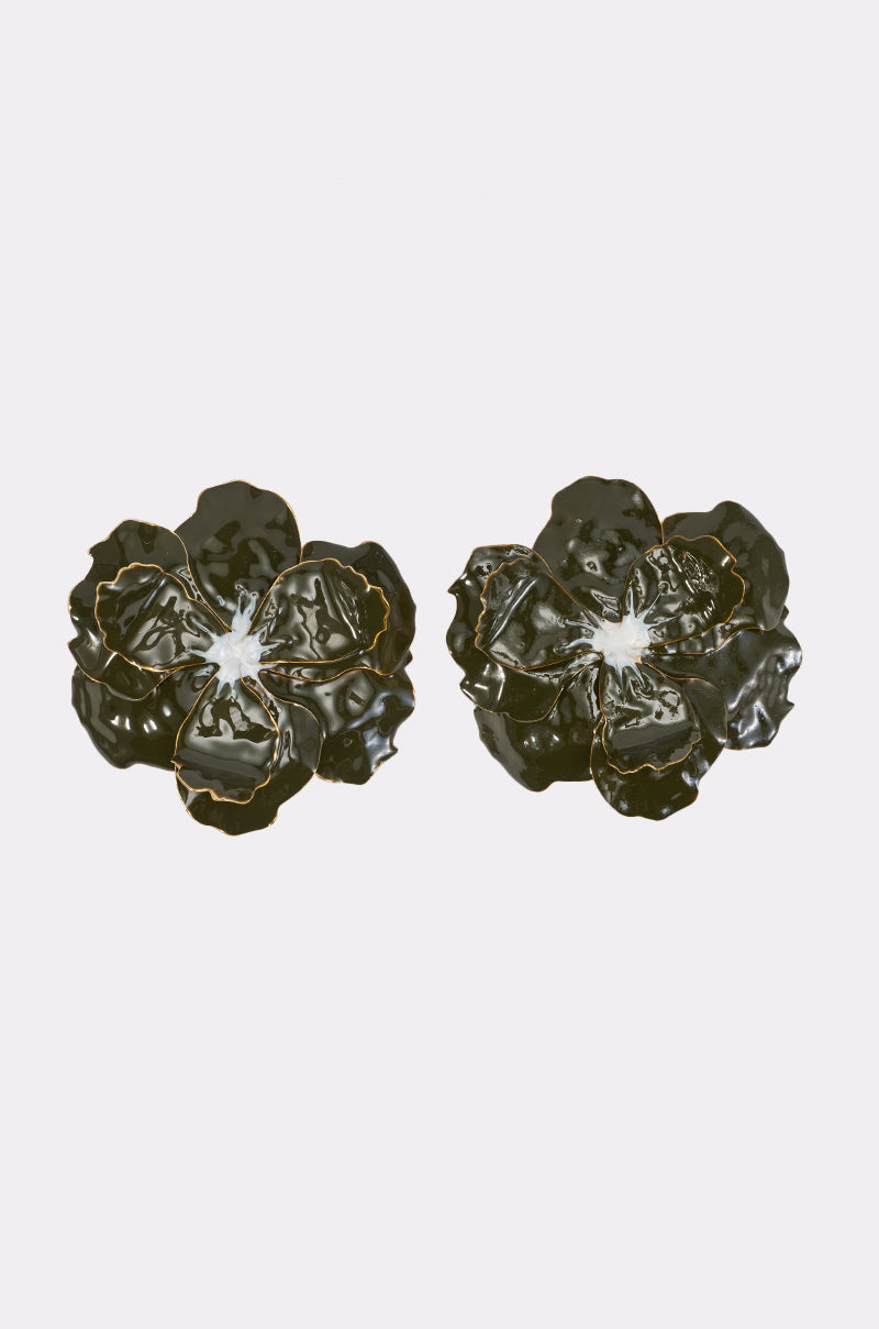 Two glossy, dark olive DREAMING BIG OLIVE EARRINGS featuring textured petals and a white center, arranged side by side on a plain light background.