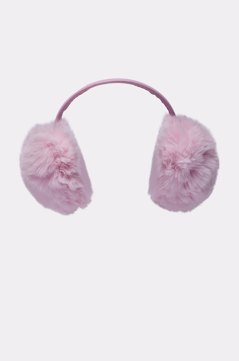 The BB GURLLLL Faux Fur Earmuff features soft baby pink faux fur and a plastic headband, making it a cute winter accessory. Shown against a plain light gray background. 2