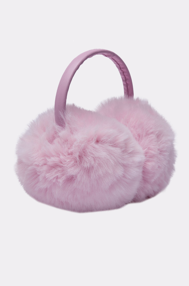 The BB GURLLLL FAUX FUR EARMUFF features fluffy baby pink faux fur, a soft padded headband, and large round ear coverings—your perfect cold weather accessory against a plain light background. 3