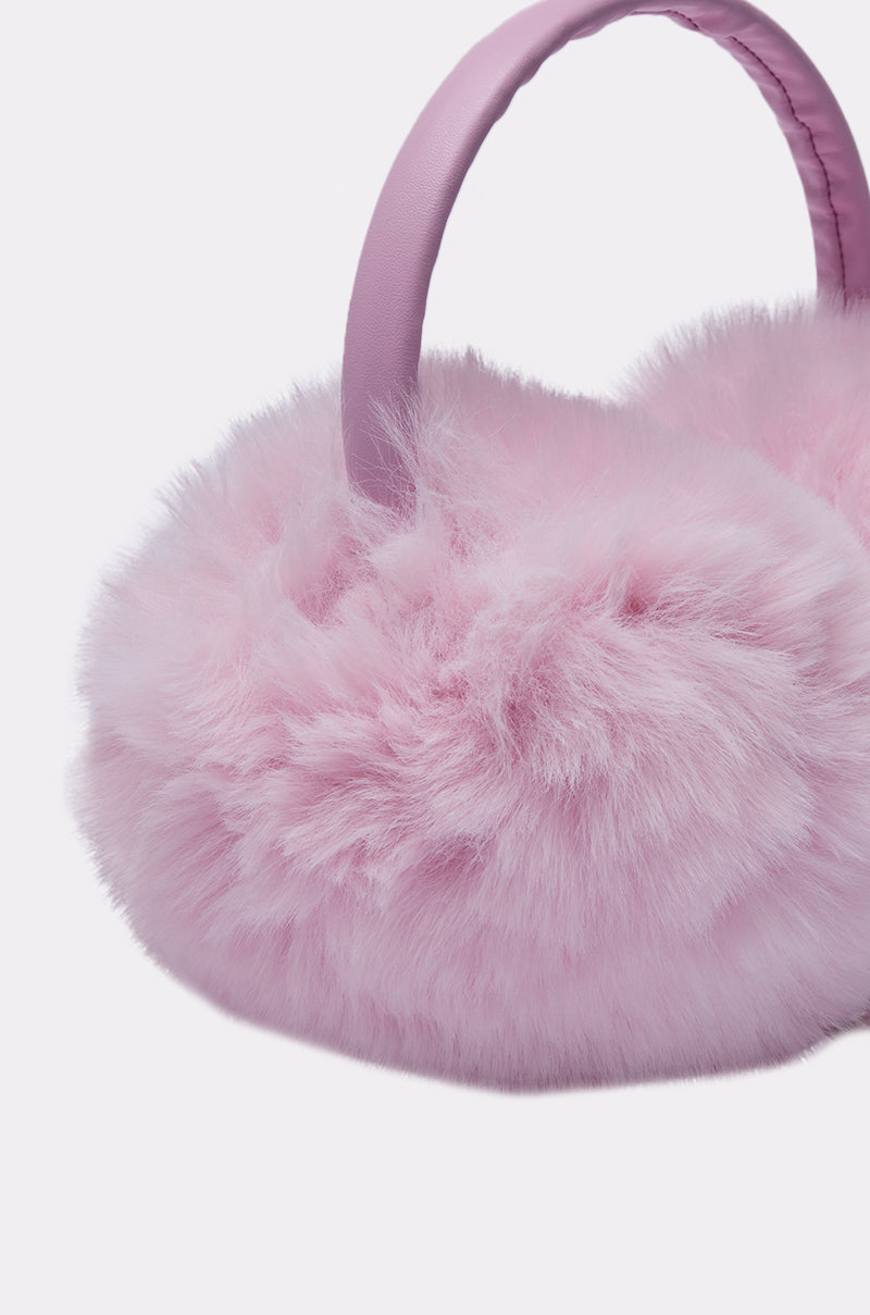 Close-up of the BB GURLLLL FAUX FUR EARMUFF in soft baby pink with a matching headband, set against a white background—perfect cozy and stylish cold weather accessory. 4