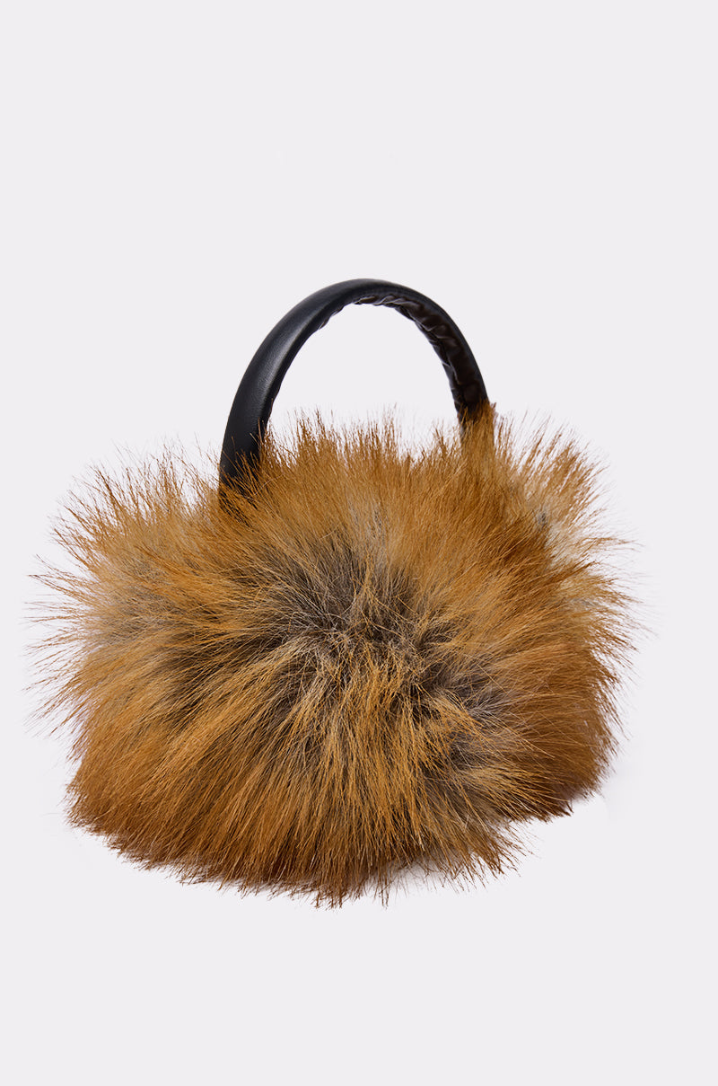 The REALLY LIKE THAT FAUX FUR EARMUFFS, featuring dense, fluffy brown and black faux fox fur, make a chic statement among cold weather accessories, showcased against a plain white background. 4