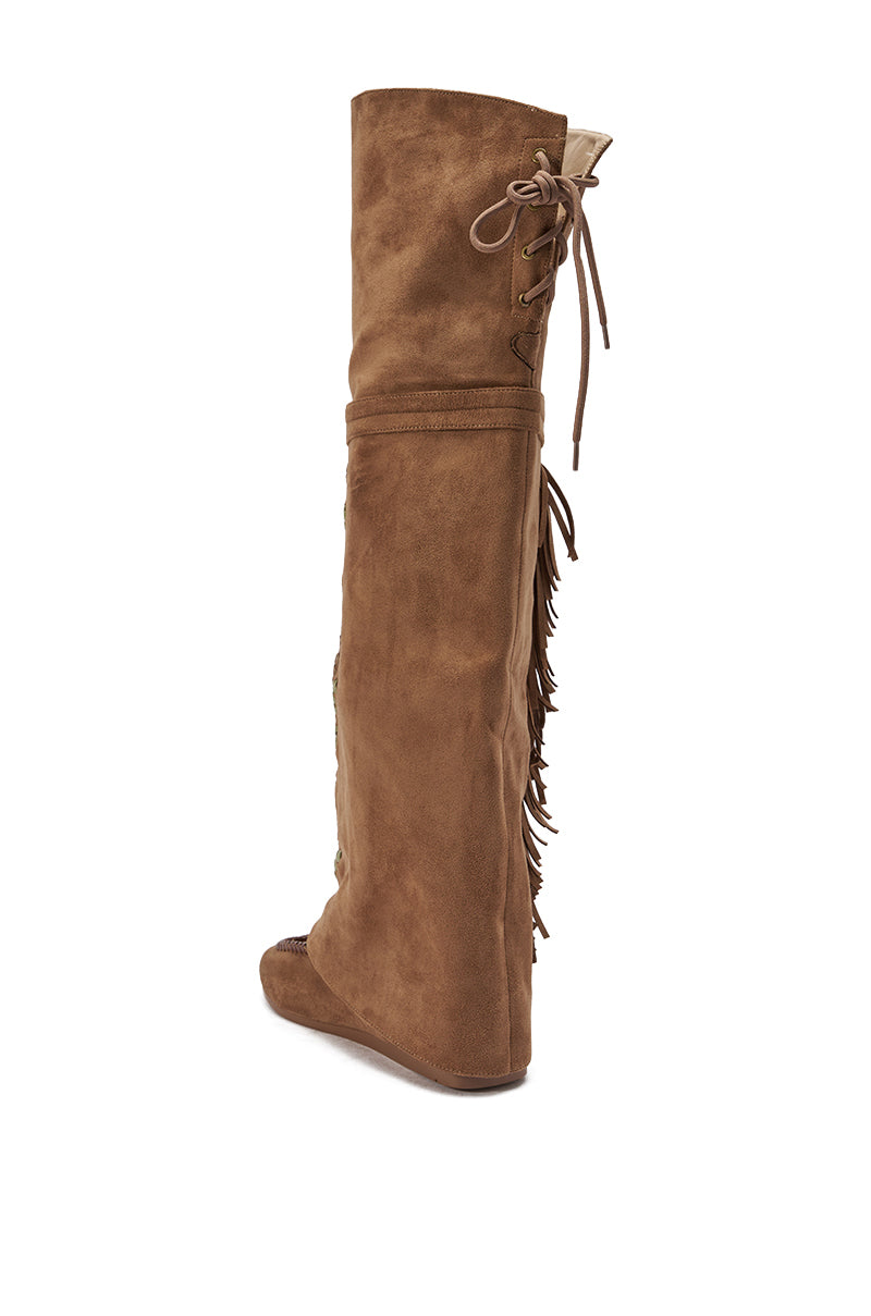 The AZALEA WANG EDMUND BROWN FLAT WESTERN BOOT features side laces and fringe accents down the side, crafted in tall brown faux suede and shown against a white background. 6