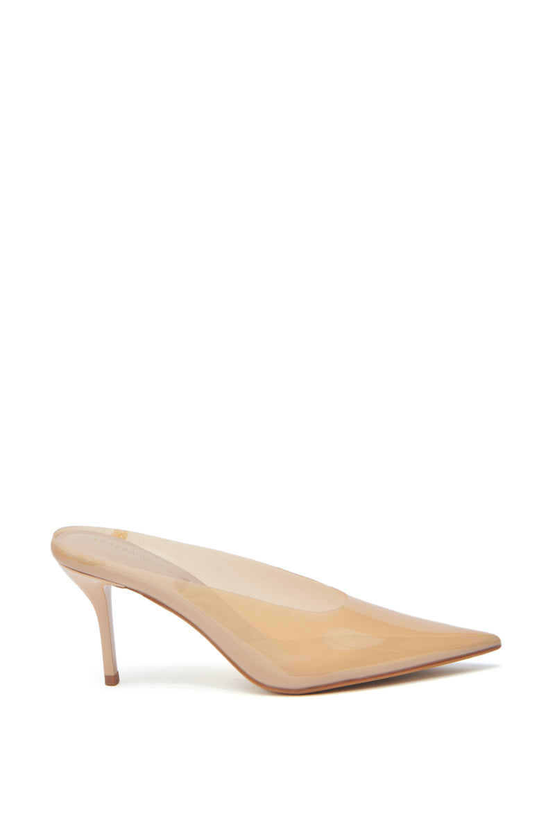 The AZALEA WANG EEMIL NUDE PUMP STILETTO features a pointed toe, clear upper, and high stiletto heel, elegantly displayed on a white background.